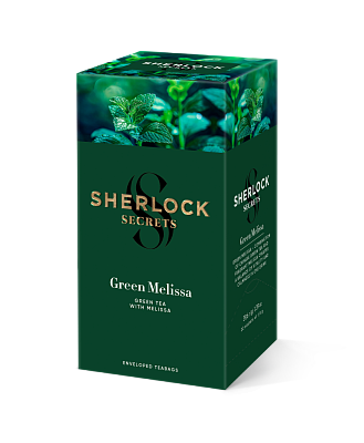 Чай Sherlock Secrets "Green Melissa" зелений байховий вищого сорту з мелісою та м'ятою з ароматом цитрусових, 22 сашета, 39,6 г