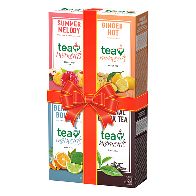 Набір чаю Tea moments: фруктово-ягідний чай зі смаком малини + чорний чай з імбиром + чорний чай зі смаком бергамоту + чорний класичний чай, 100 сашет